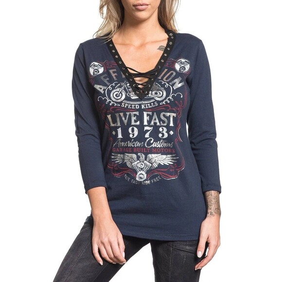 Affliction Womens American Customs Moto Foil Graphic Lace Up Top Size L Blue Y2K - Picture 13 of 15